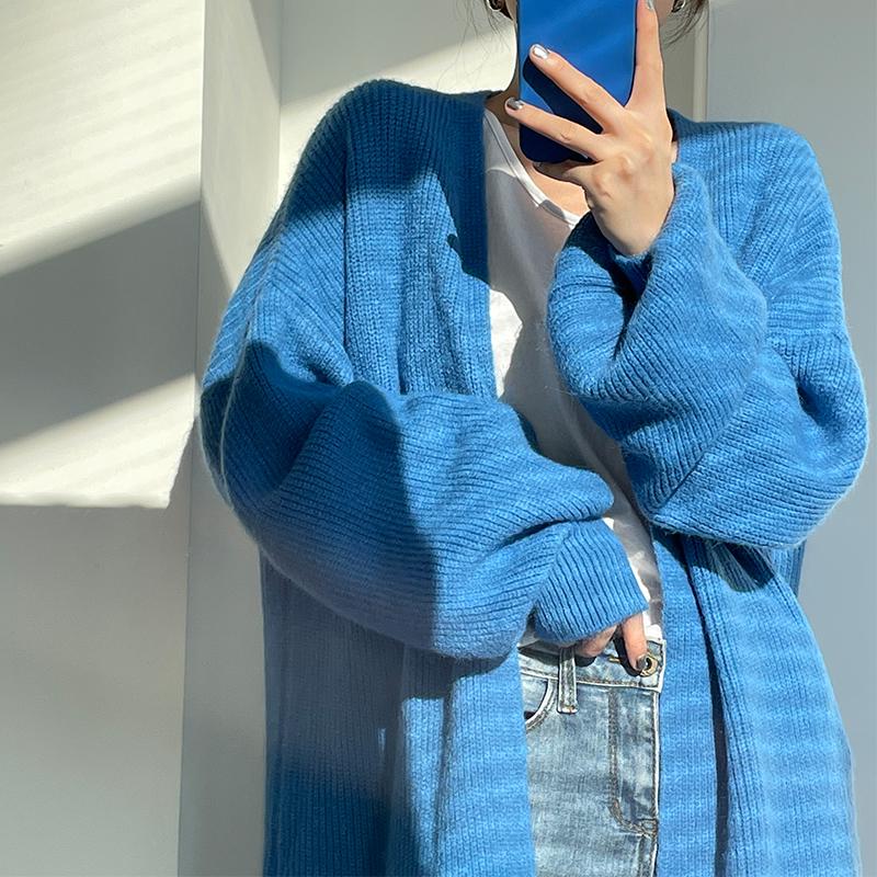 

Women's Knits & Tees Temperament V Neck Blue Sweater Long Cardigan Jacket Women Autumn Lazy Loose Wild Solid Lantern Sleeve Knitted Pull Fas, White