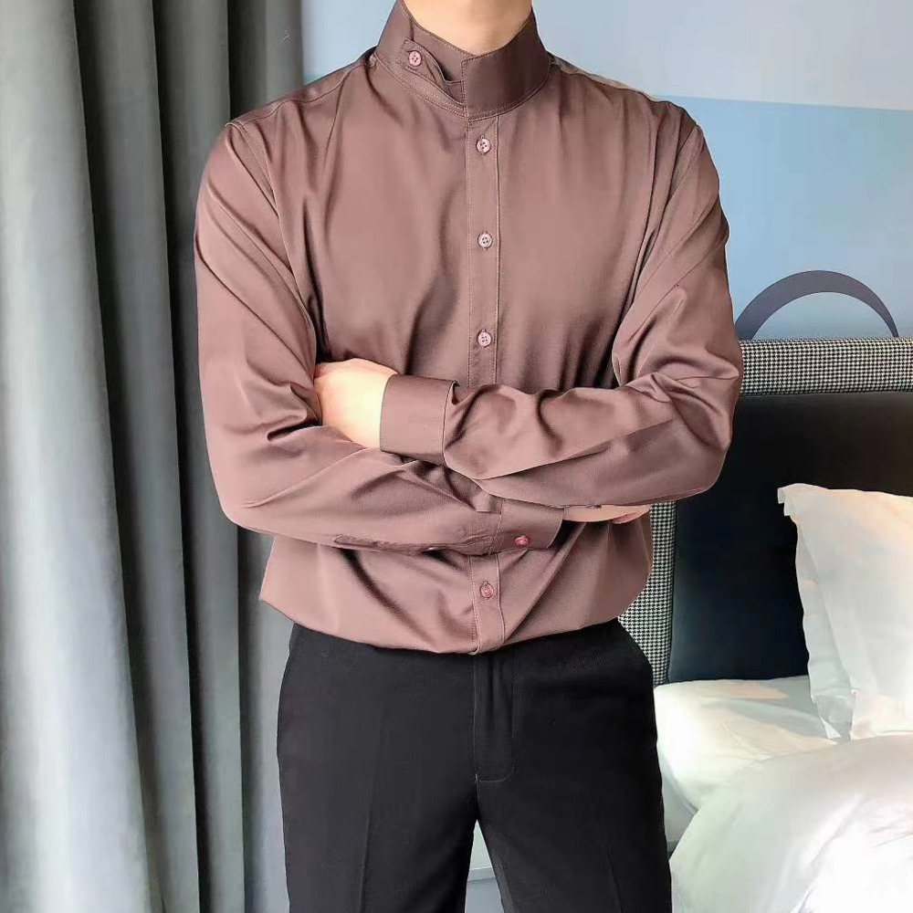 

2021 Camisa Social Masculina New Autumn Solid Color Men's Long Sleeve Stand Collar Casual Loose Base Shirt Black Ceud, Brown
