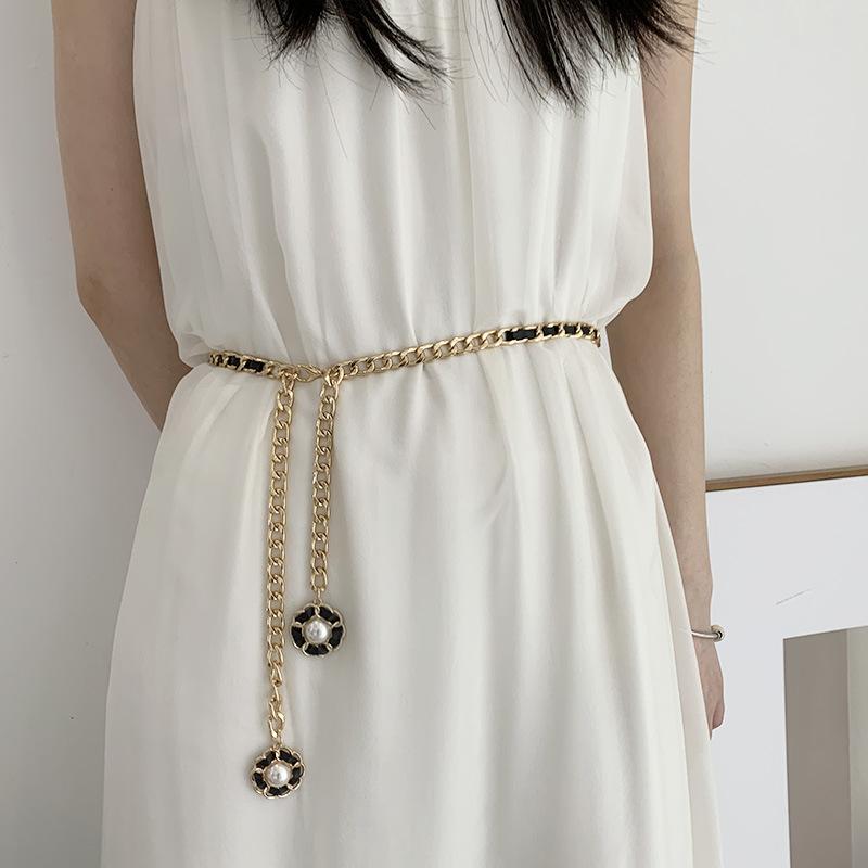 

Belts Fashion Metal Petal Pendant Buckle Thin Chain Women Waist Small Fragrance Style With Dress Decoration Suit Waistband, Black;brown