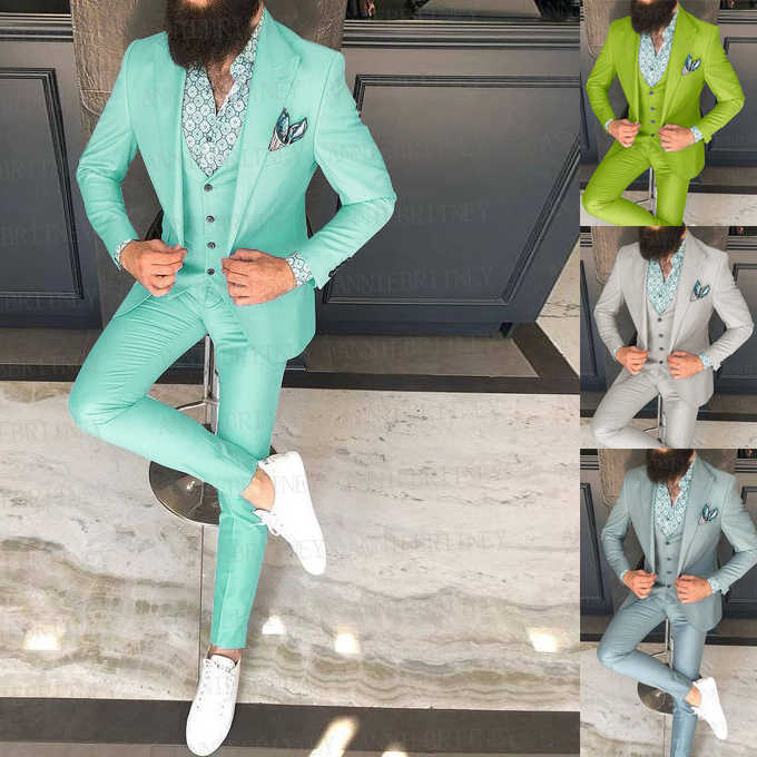 

2021 Latest Turquoise Wedding Men Suit Set Slim Fit Prom Groom Dress Tuxedo Orange Blazer Best Man Jacket Vest Pants 3 Pieces X0909, Pink