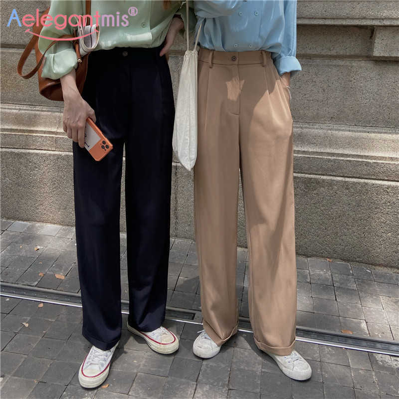 

Aelegantmis Autumn Loose Office Lady Wide Leg Trousers Women Spring High Waist Straight Long Pants Female Casual OL Style 210607, Khaki