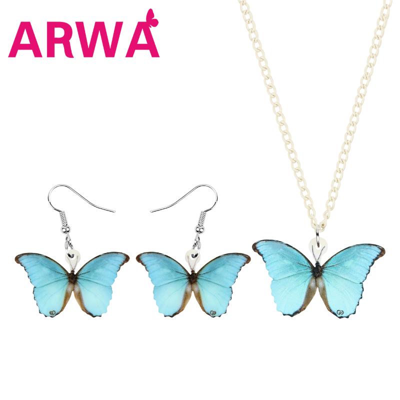 

Earrings & Necklace ARWA Acrylic Blue Morpho Butterfly Jewelry Sets Cute Animal Insect For Women Girls Fashion Gift Accessories, Silver