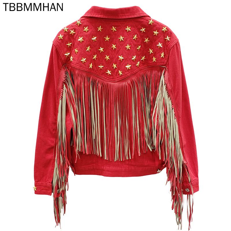 

Women's Jackets Europe 2021 Spring And Autumn Heavy Industry Five Pointed Star Rivet Tassel Coat Personalized Cowboy Demin Jacket, Black;brown
