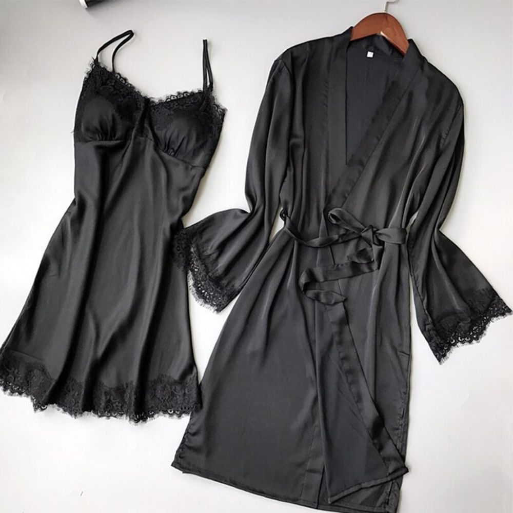 

autumn and winter Black Sexy home bathrobe two piece suit for pajamas