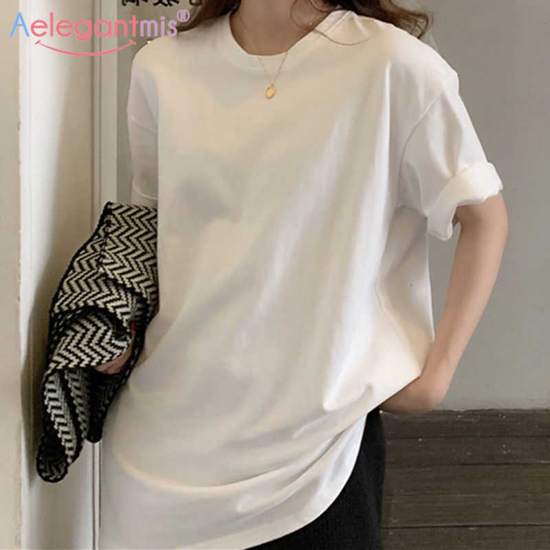 

Aelegantmis Bottoming White Loose Short T Shirts Women Oversize Basic O Neck Tops Female Solid Sleeve Korean Chic 210607