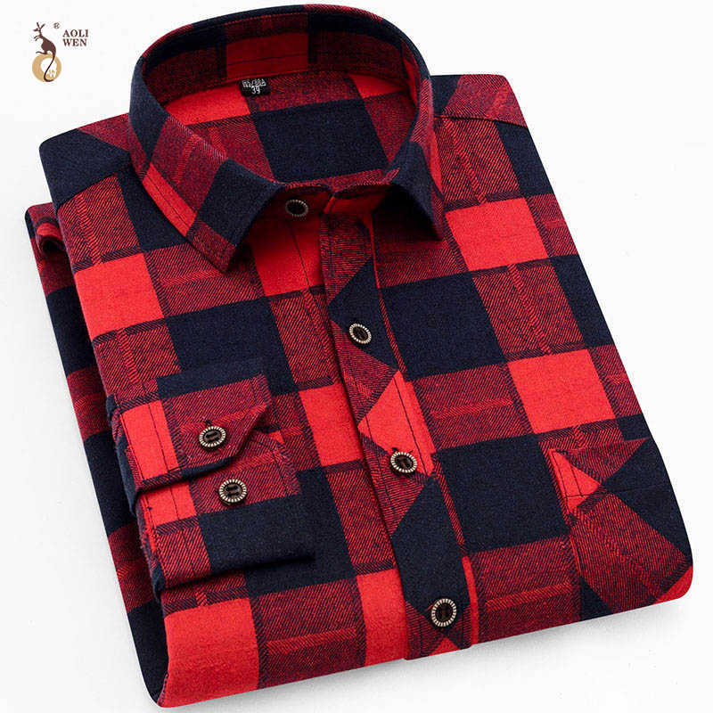 

Aoliwen men fashion Brushed plaid shirt casual long sleeve Spring Autumn Flannel slim fit Soft Comfortable 210721, Ldbl-6606
