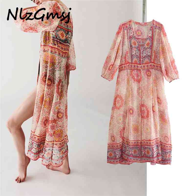 

Dres Fashion Floral Print Midi Woman Casual Short Sleeve V Neck Female Party es Vestido 04 210628, As picture