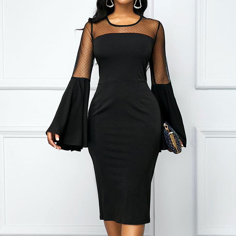 

2021 New Office Lady Pencil Elegant Mesh Flare Sleeve Patchwork Knee-length Formal Sexy Party Night Club Inqj, Black