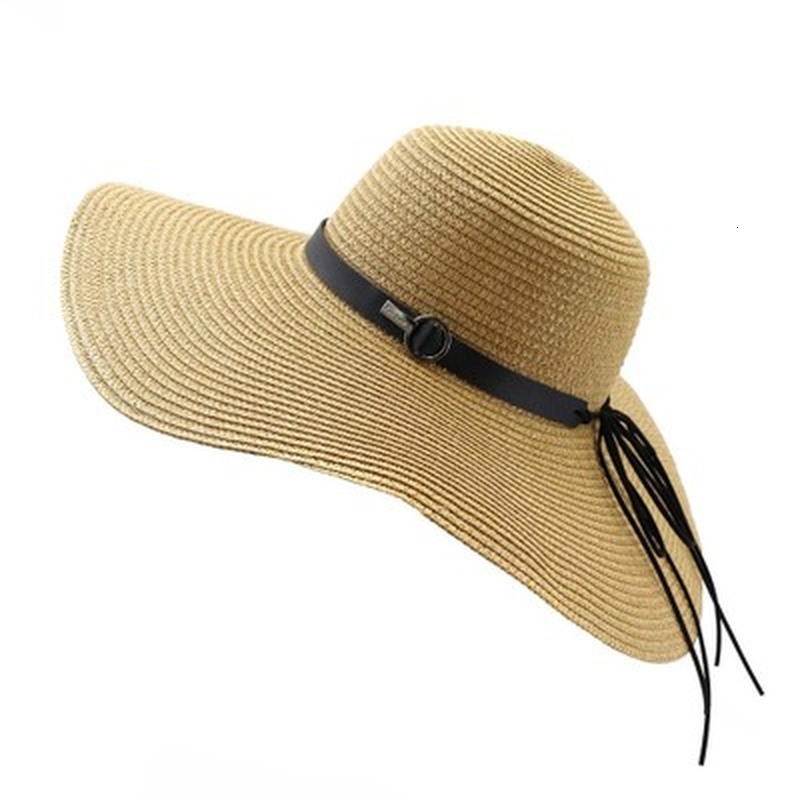 

2021 New Outdoor Big Brim 13cm Belt Band Straw Hats Beach Travel Summer Spring Elegant Handmade Khaki Women Sun Hat Sbpa, Camel