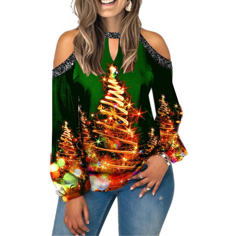 

Women's T-Shirt Women Strapless Long Sleeve Tees Spring Autumn Christmas Trees Printed Lantern Ladies Elegant Loose Pullover Tops, Print 3