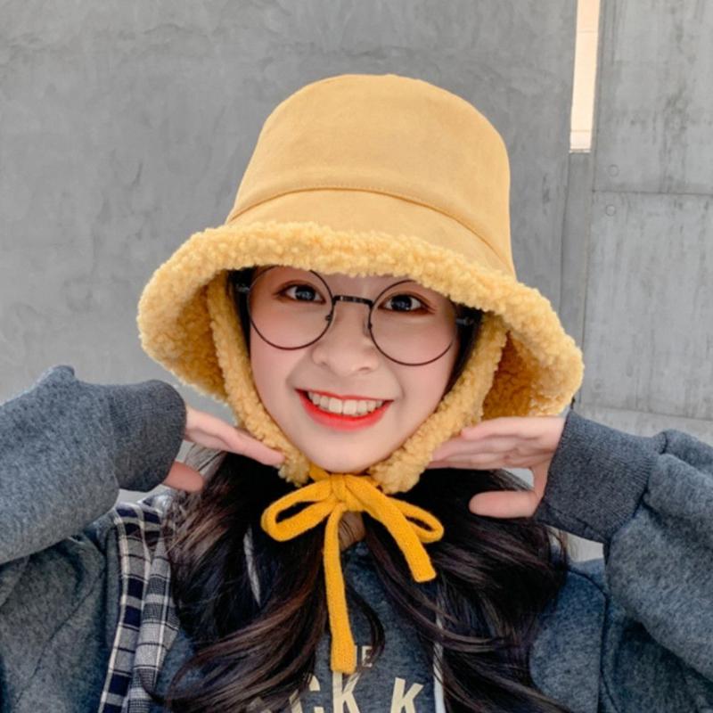 

Berets Winter Women Thick Bucket Hats With Earmuffs Lamb Wool Warm Ear Protector Fisherman Autumn Plush Velvet Panama Caps