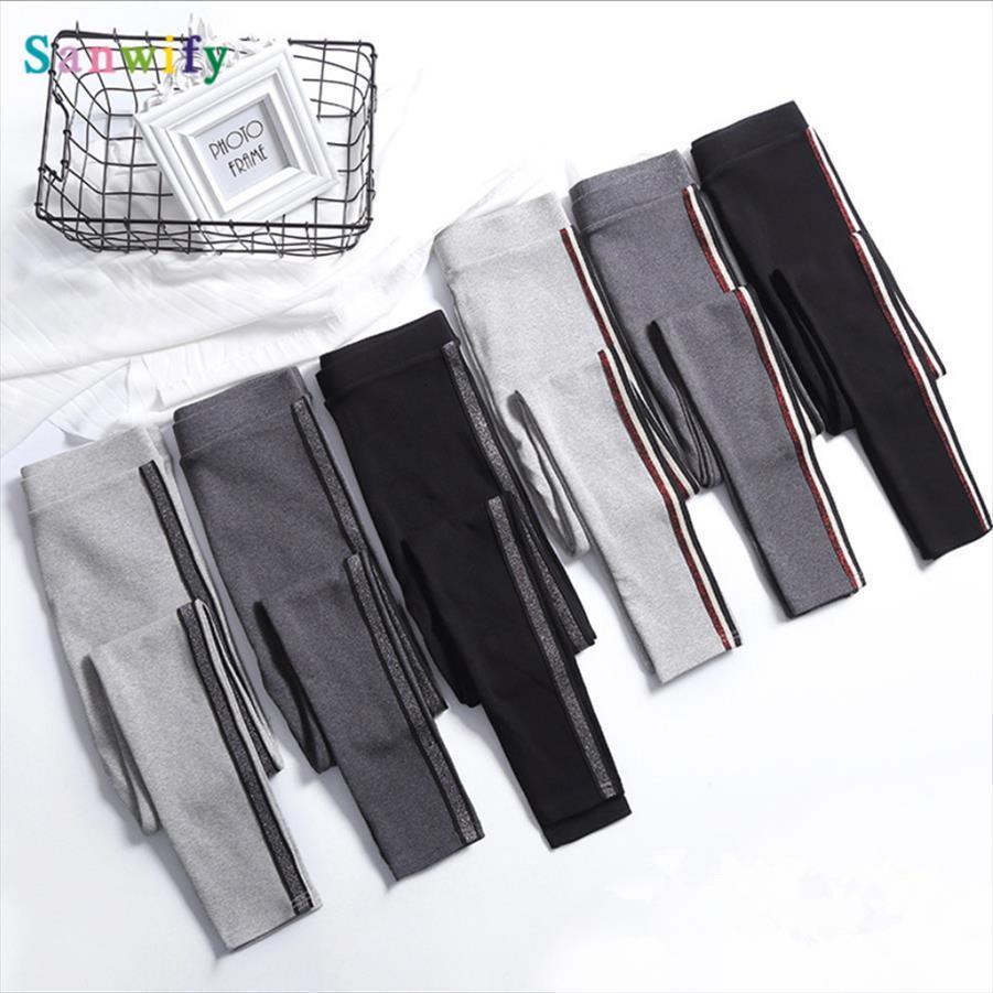

spring summer cotton women legging high waist side stripes sporting fitness pants slim quality, Black