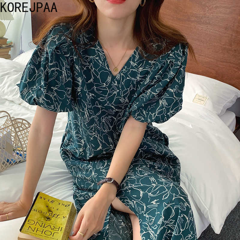 

Korejpaa Women Dress Summer French Retro Elegant Temperament Thin V-Neck Print Loose Long Lantern Sleeve Split Vestidos 210526, Black