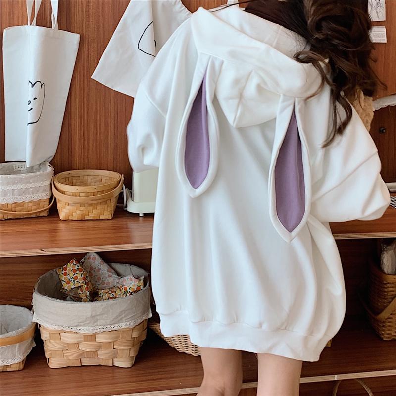 

Women's Hoodies & Sweatshirts Sudaderas Lazy Thin Hooded White Ear Women Pullovers Japan Style Loose Long Sleeve Top Coat, Black
