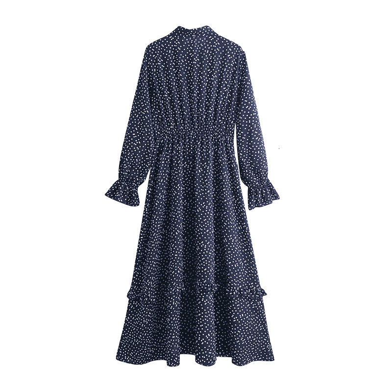 

2021 Spring Summer New Polka Dot Chiffon Women Clothes Sleeve V-neck Elegant Midi Fashion Long Es Femme Akfu, Black