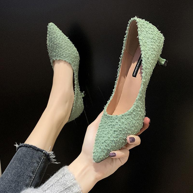 

Dress Shoes Women Fashion Green Light Weight Slip On Stiletto Heels Lady Casual High Quality Beige Comfort Summer Party Heel E6132
