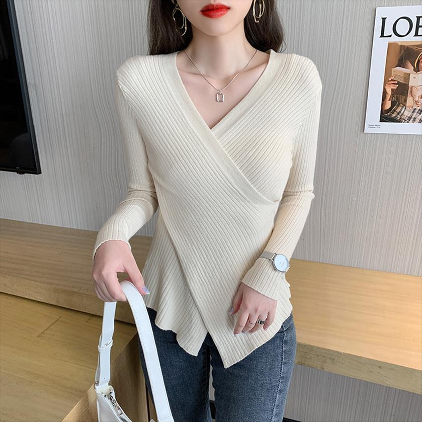 

knitted women cross womens sweater v neck slim bottom shirts autumn fashion long sleeve solid brown clothes, White;black