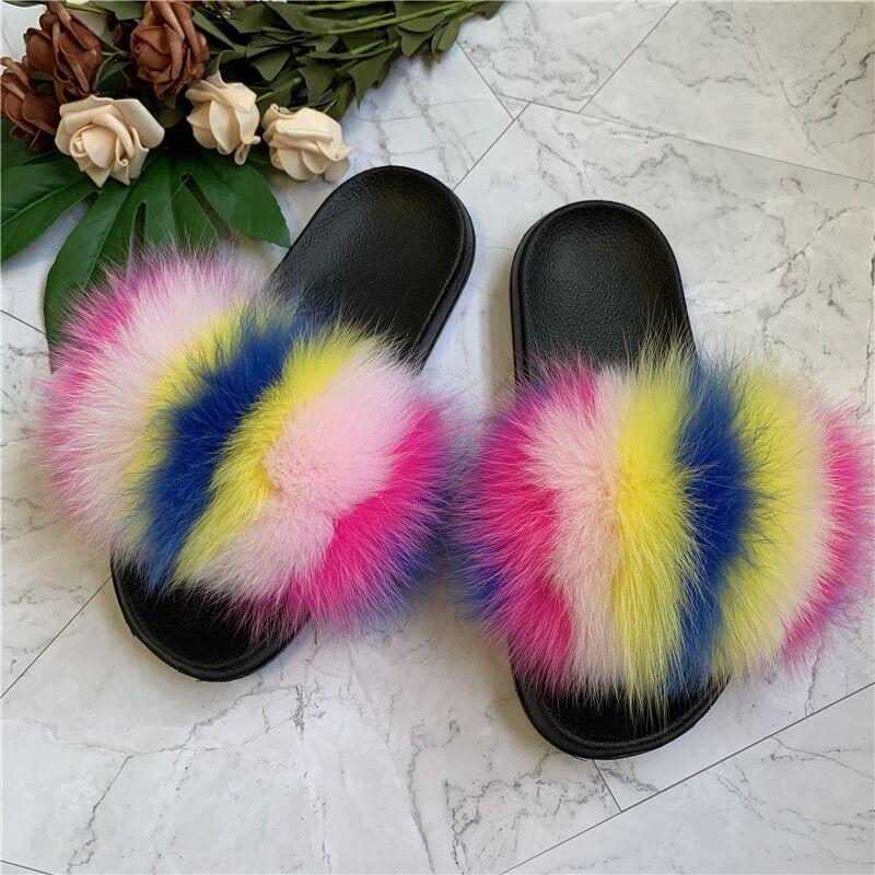 

New Arrival Girl Luxury Fluffy Real Fur Slides Indoor Ladies Furry Flip Flops Fur Slippers Plush Women Shoes Wholesale, Black