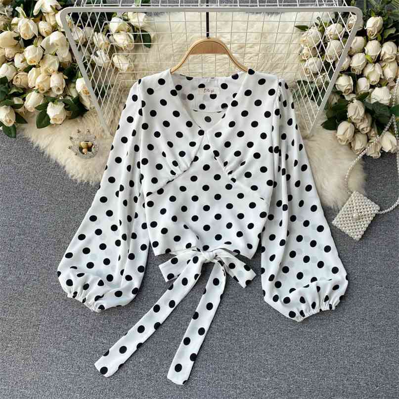 

Spring Fashion Women Blouse Polka Dot Print Long Sleeve Shirt V-neck Bow-tied Waistband Casual Female Short Tops 210603, White