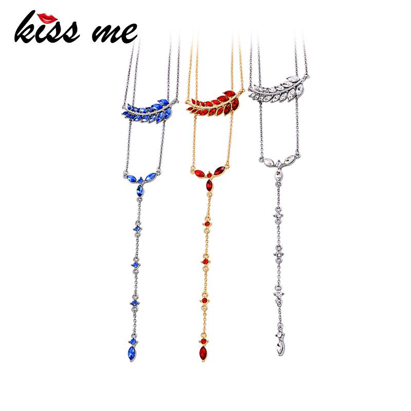

Pendant Necklaces KISS ME Red Blue Clear Crystal Leaf Pendants Charming Alloy Double Chain Layered Necklace Women Accessories