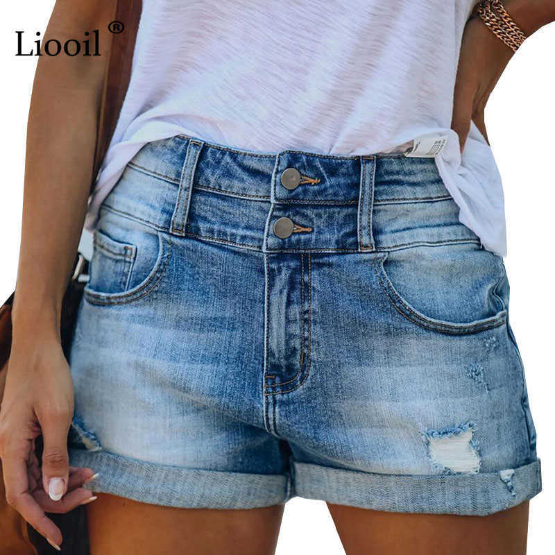 

Cotton Jeans Woman High Waist Stretch Shorts Summer Streetwear Zipper With Pocket Button Casual Blue Cuffed Ripped Denim Short 210611, Light blue