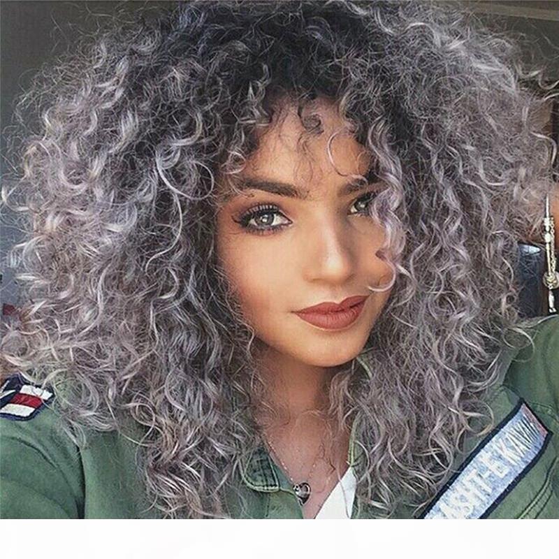 

Fashion Ombre Brazilian Human Hair 1B Gray Kinky Curly Virgin Human Hair Full Lace Wig for Black Free Shipping, Black;brown