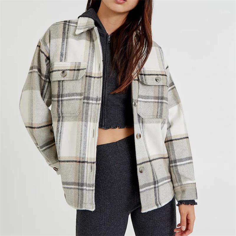 

Women's Jackets MESTTRAF Women 2021 Fashion With Pockets Oversized Check Coat Vintage Long Sleeve Button-up Shirt Outerwear Streetwear, Black;brown