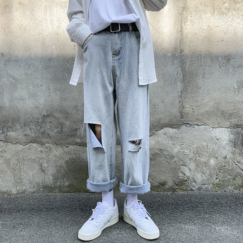 

2021 New Summer Men' Baggy Homme Casual Cargo Pocket Holes Wash Jeans Haren Pants Biker Denim Blue Color Trousers Size -2xl O2oe, Light blue