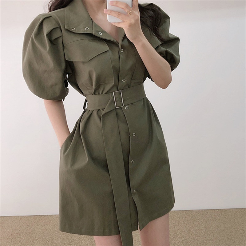 

ZAWFL Arrival Women Summer Dresses High Waist Pockets Single Breasted Puff Sleeve Casual Lace up Mini Dress 210525, Picture color