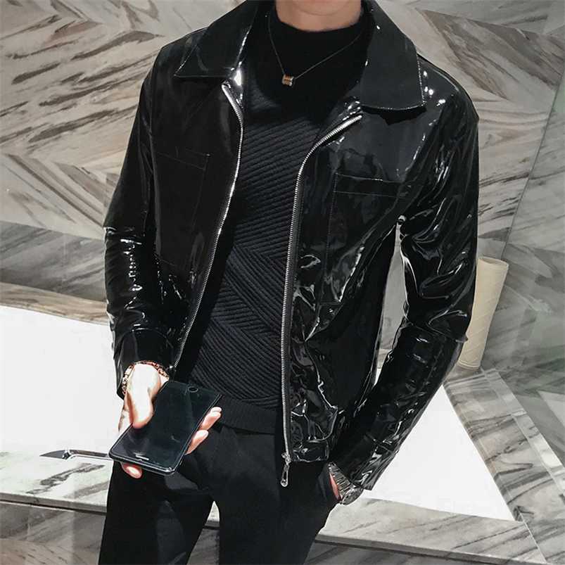 

Shiny Leather Jacket Men's Stage Costume Red Black Brown Nightclub Club Men's Leather Jacket Solid Color Slim Men's Jacket Coats 211111