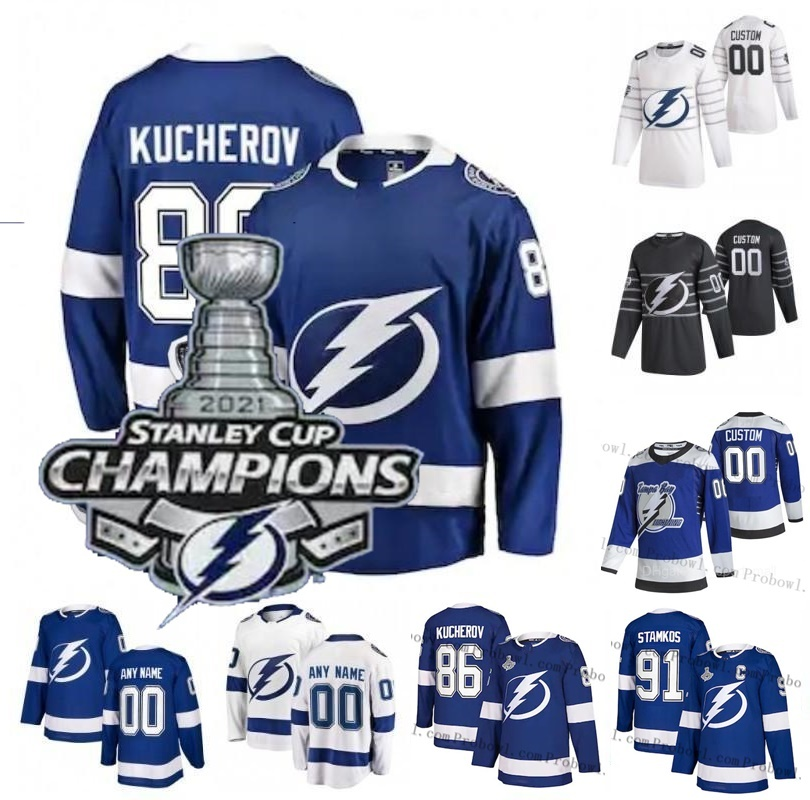 

2021 Stanley Cup Champions Tampa Bay Lightning Jersey Custom Nikita Kucherov Victor Hedman Steven Stamkos Andrei Vasilevskiy Hockey Jersey, Men + patch