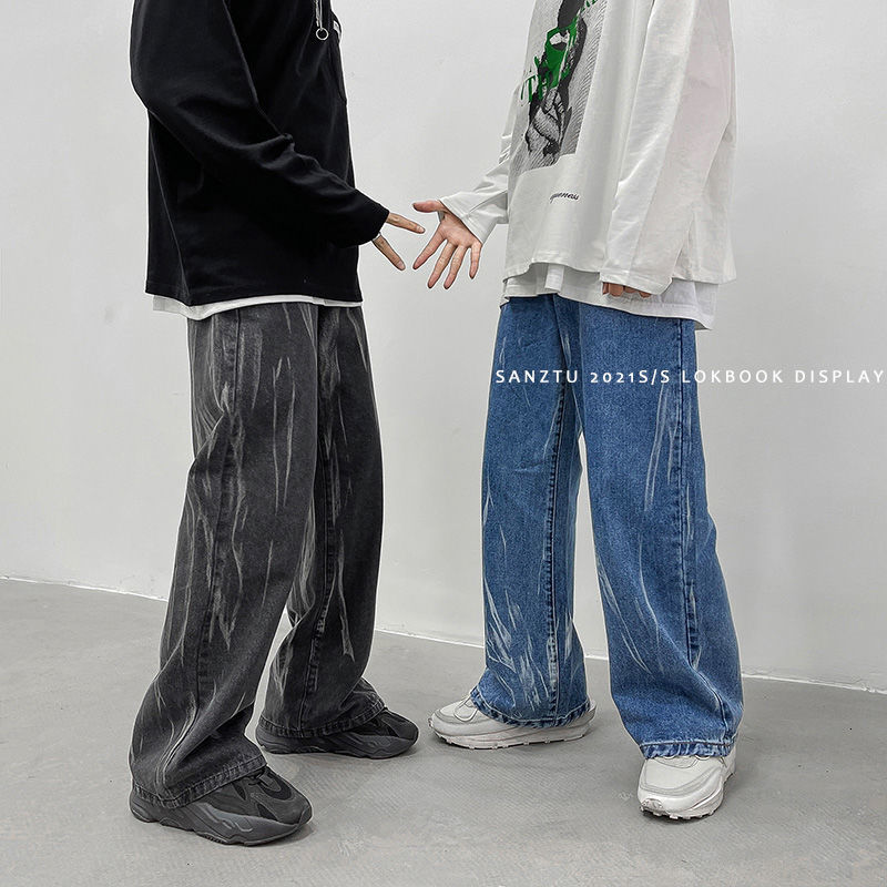 

New 2021 Straight Classic Baggy Homme Cargo Pocket Black Jeans/blue Bf Color Striped Casual Biker Denim Pants N7fz