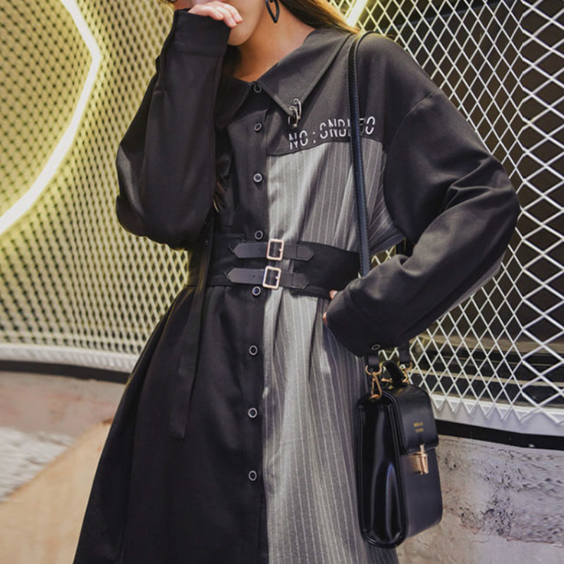 

2021 Patchwork Korean Women Print Streetwear Bandage Harajuku Long Sleeve Y2k One-piece New Women' Autumn 2dtt, Black