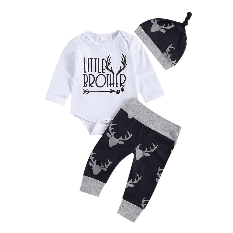 

Clothing Sets 2021 0-18M Bonr Baby Boy BROTHER Letter Print Long Sleeve Romper Top+Deer Pants+Hat Fall Outfits Set 3pcs, White
