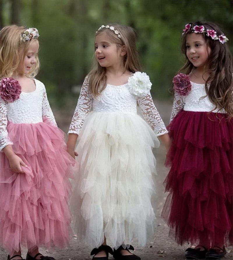 

Girl's Dresses Boho Ivory/Pink/Burgundy Lace Flower Girls Dress With 3/4 Sleeve Ruffles Tiered Ball Gown Country Kids Formal Party Vestidos, Red;yellow