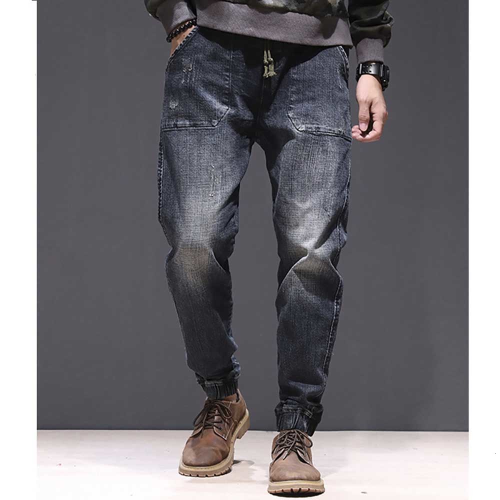 

2021 New Harem Fashionable Breeches From the Vintage Baggy Loose Seam Denies Casual Corridors Elastic Pants Men's Clothing E0p5, Black blue.