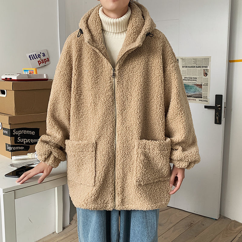 

2021 New Winter Lamb Fur Jacket Men's Parka Warm Fashion Retro Casual Short Men Streetwear Loose Korean Hooded Coat Mens Clothes D97l, Khaki