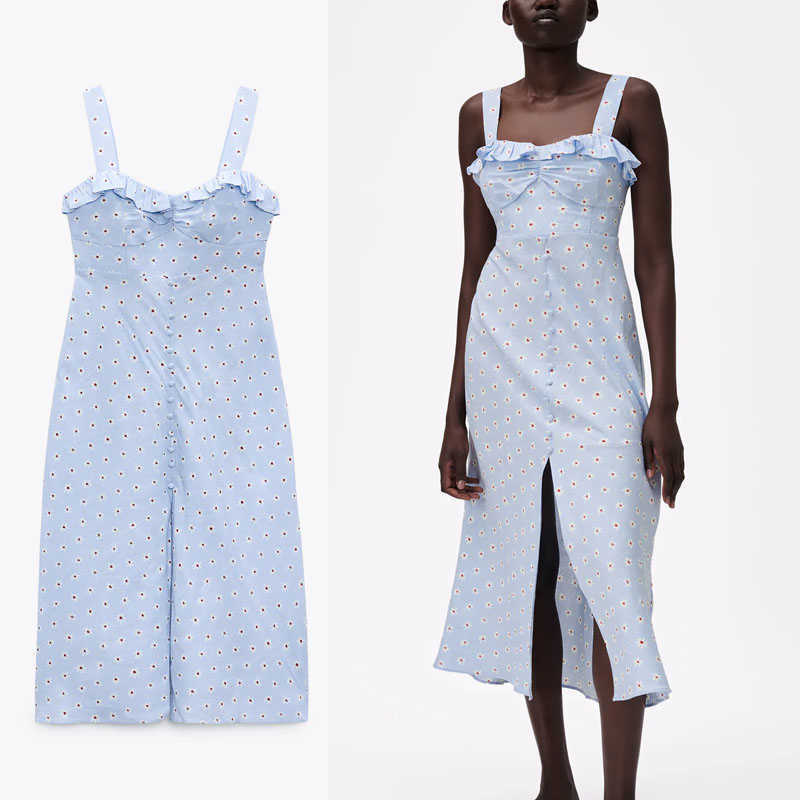 

Za Summer Floral Print Long Dress Women Sleeveless Smocked Elastic Backless Ruching Dresses Front Button Vintage Blue Dress 210602