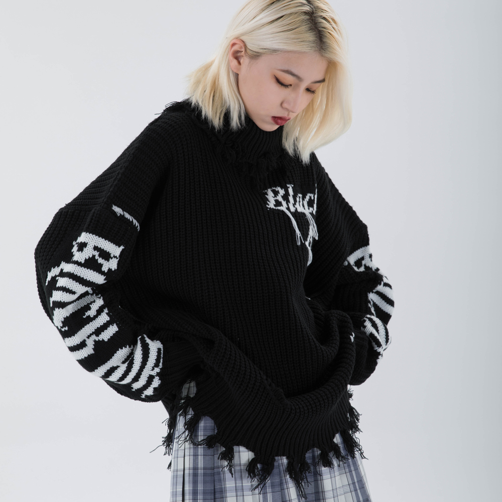

2021 New Mens Knitted Turtleneck Plus Vee Sweater Winter Punk Rock Unisex Vintage Oversize Couple Ripped Pullovers Sweaters Tops Qydh, Black