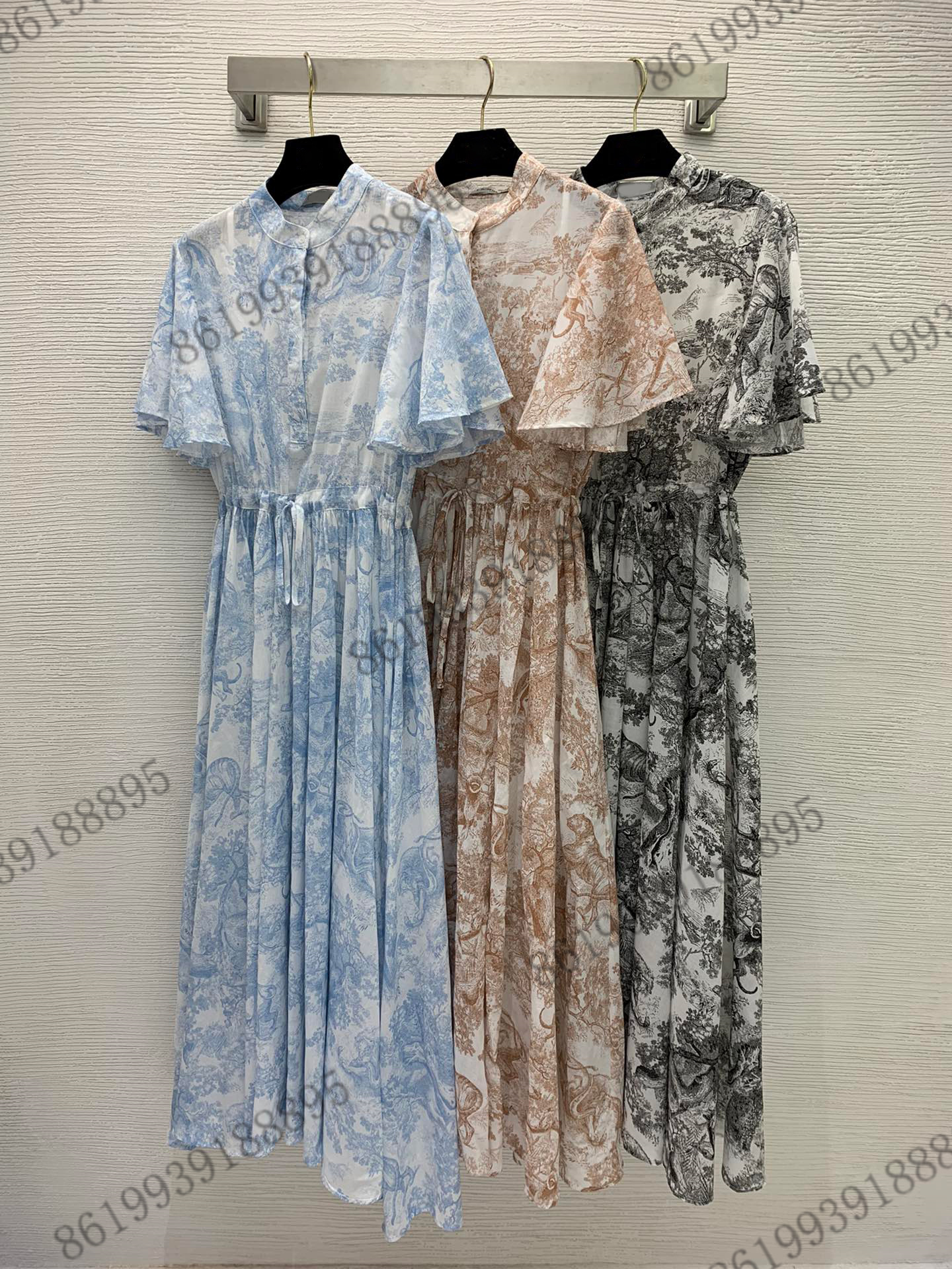 

2022SS summer designer womens dresses with long vest coat Tropical Jungle Print Button Fly Small Standing Collar Waist Drawstring Design short sleeved skirts, 06