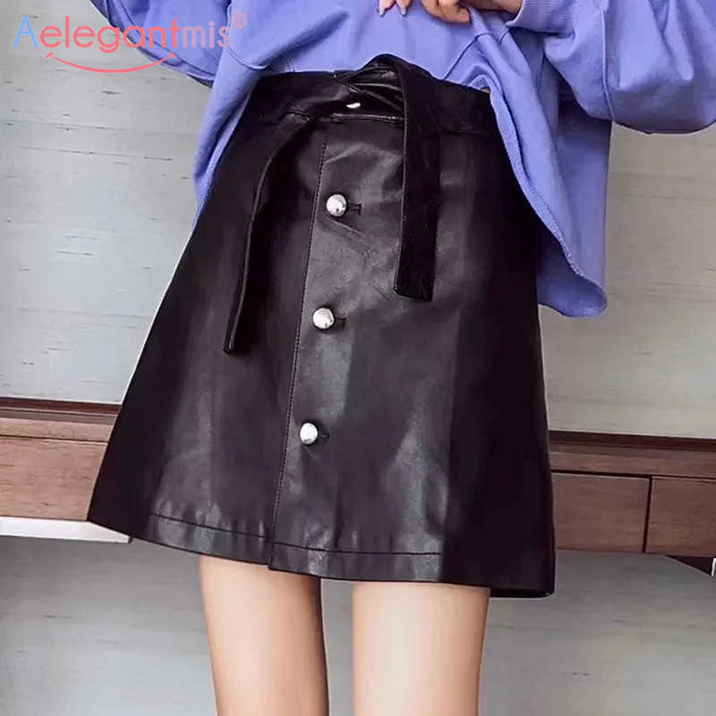 

Aelegantmis Autumn Pu Leather Skirt Women High Waist Slim Short Mini s Female A-line Package Hip Faux Black 210607