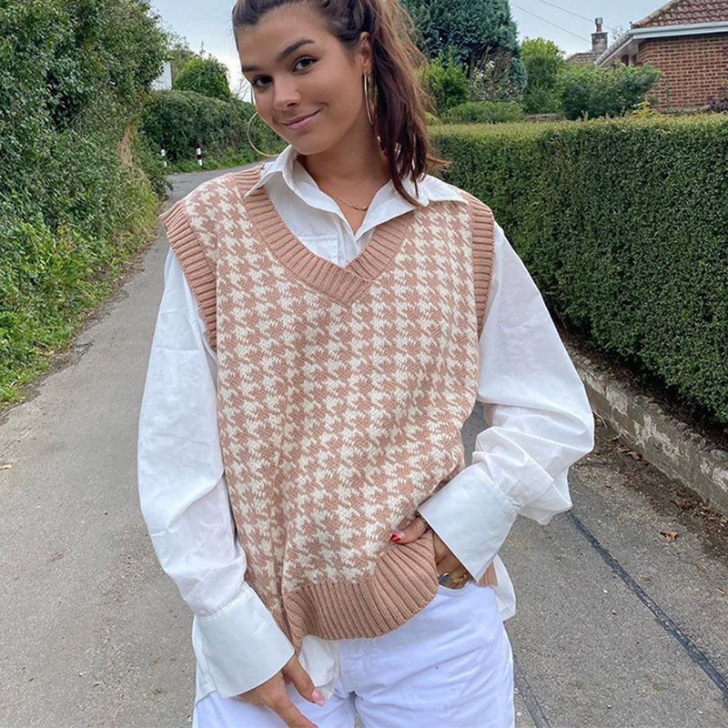 

2021 New Elegant Vintage Plaid with Loose-v Sweater Girl Waistcoat New-style Preppy Hot Winter Without Sleeves Fancy Korean Casual Tops 6o2p, Khaki