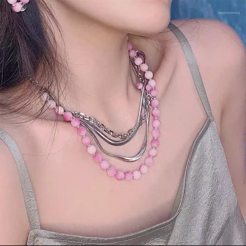

Chains Design Sense Of Punk Gradual Change Peach Pink Natural Stone Fold Belt Necklace Personality Cold Wind Collarbone Chain Tide