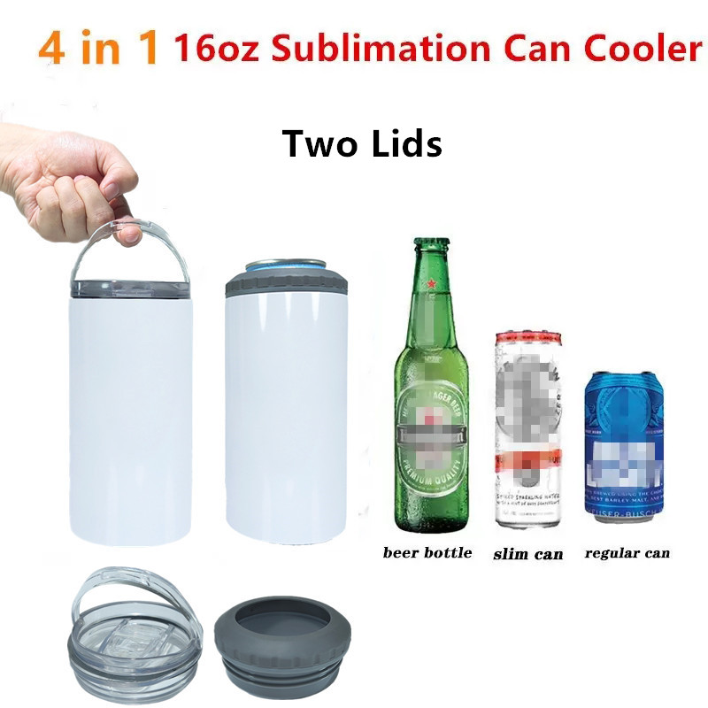 

4 in 1 Sublimation Can Cooler 16oz Straight Tumbler Stainless Steel Can Insulator with straw Vacuum Insulated Bottle Cold Insulation Can Two Lids, White