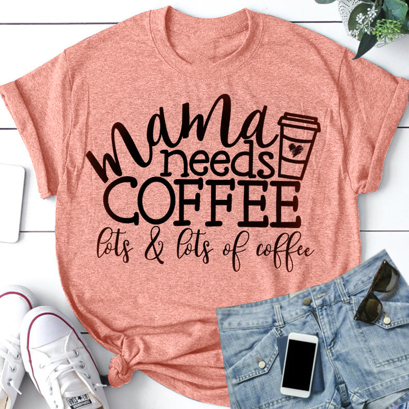 

New Mama Needs Coffee Women Green Letters Print T-shirt Summer Short Sleeve O Neck Tees -5XL Casual Tshirt for Female Clothing C0220, Gray
