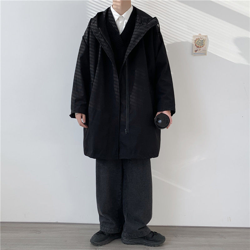 

2021 New Spring Trench Men's Fashion Casual Hooded Long Coat Men Streetwear Oversize Windbreaker Jacket Mens Overcoat Kil4, Black