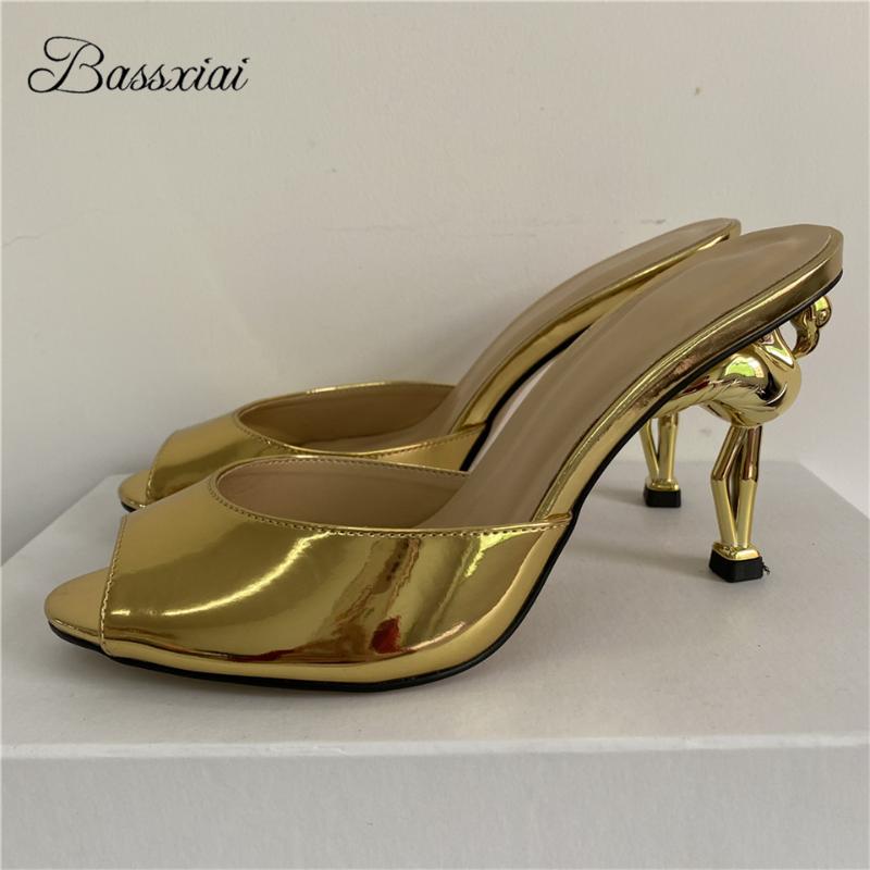 

Dress Shoes Unique Flamingo Strange High Heel Sandals Women Sexy Peep Toe Slingbacks Patent Leather Slip-on Lazyman Mules Summer, Gold