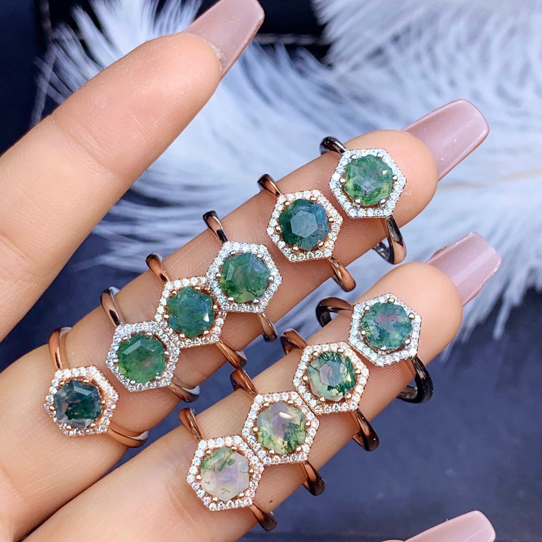 

Hexagon 6x6mm Moss Agate Ring Natural Gems Halo Engagement Rings 925 Sterling Silver For Women Party Birthday Gift