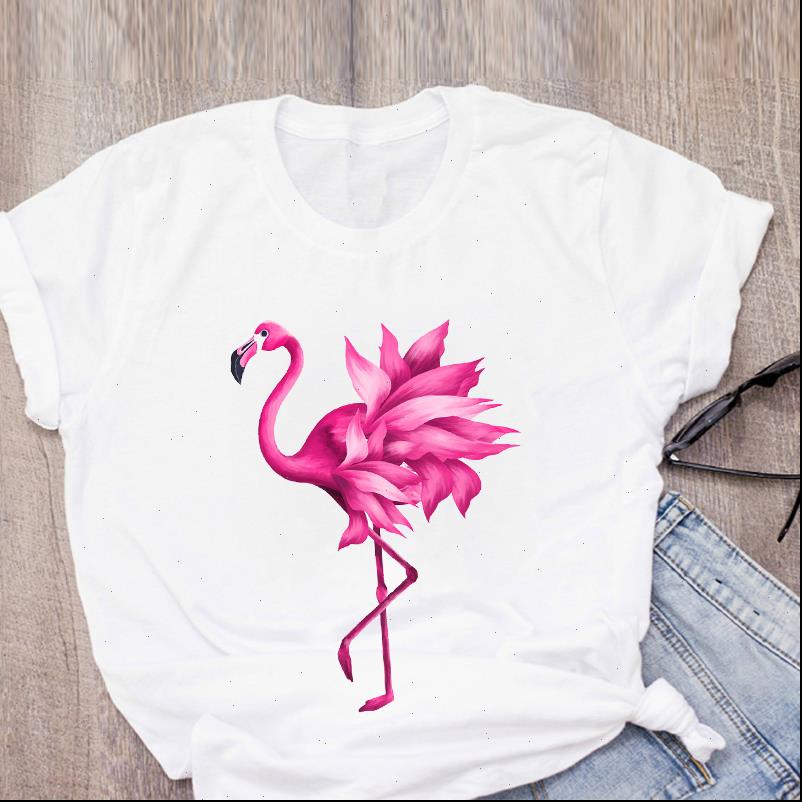 

new t shirt women cotoon animal flamingo printed fashion short sleeve tees o neck couple casual t shirt, White