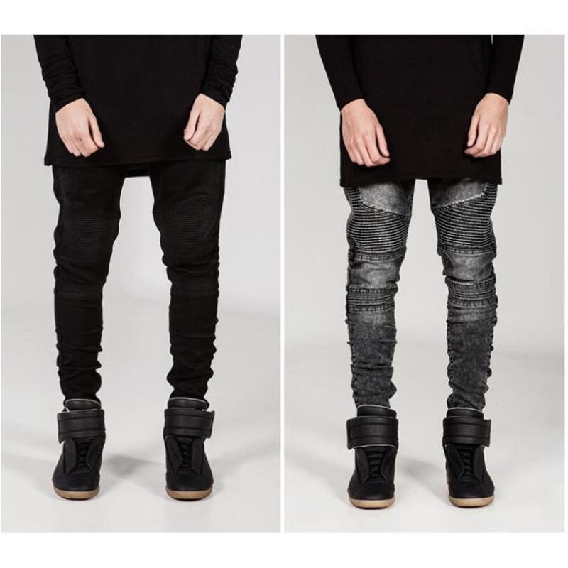 

Men's Pants Trendy Brand Motorcycle Stacked Jeans Men Women Wrinkled Slim Fit Denim Elastic Pleated Skinny Jean Trousers 2021 Black, Sky blue